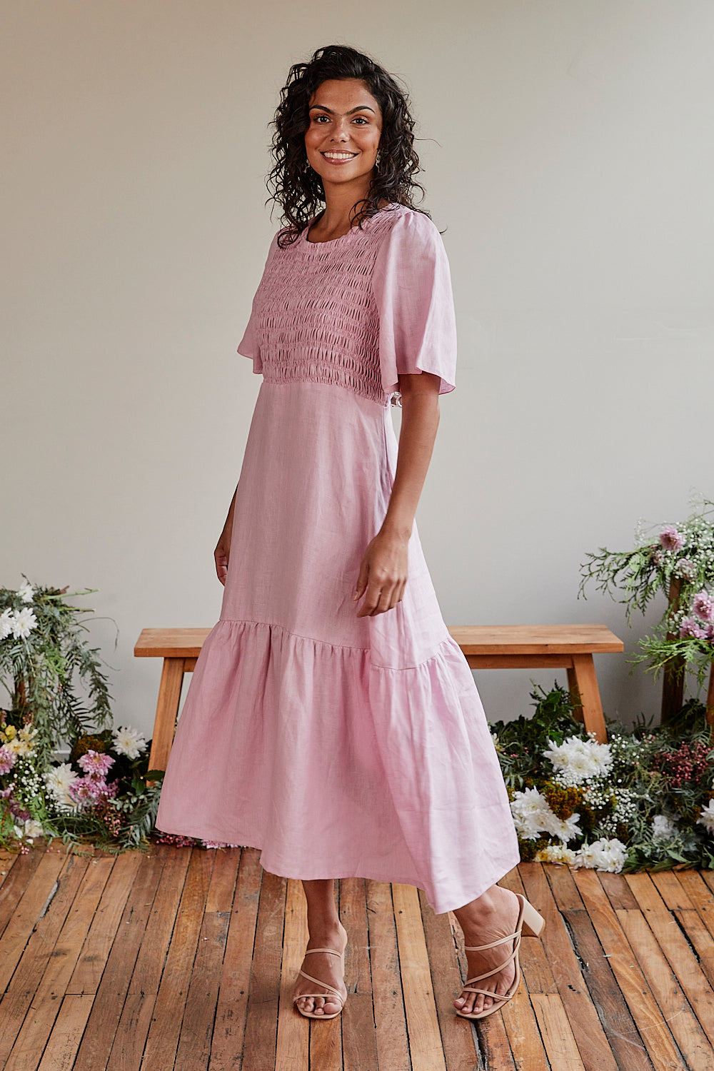 Minden Linen Shirred Dress in Peony