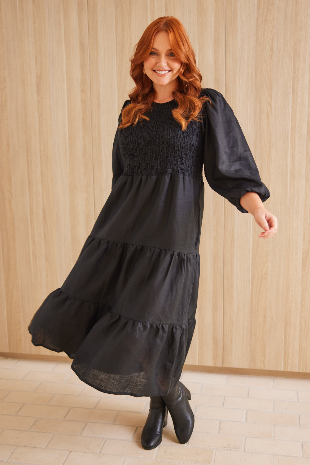 Minden Linen Shirred Dress in Black (7131704918090)