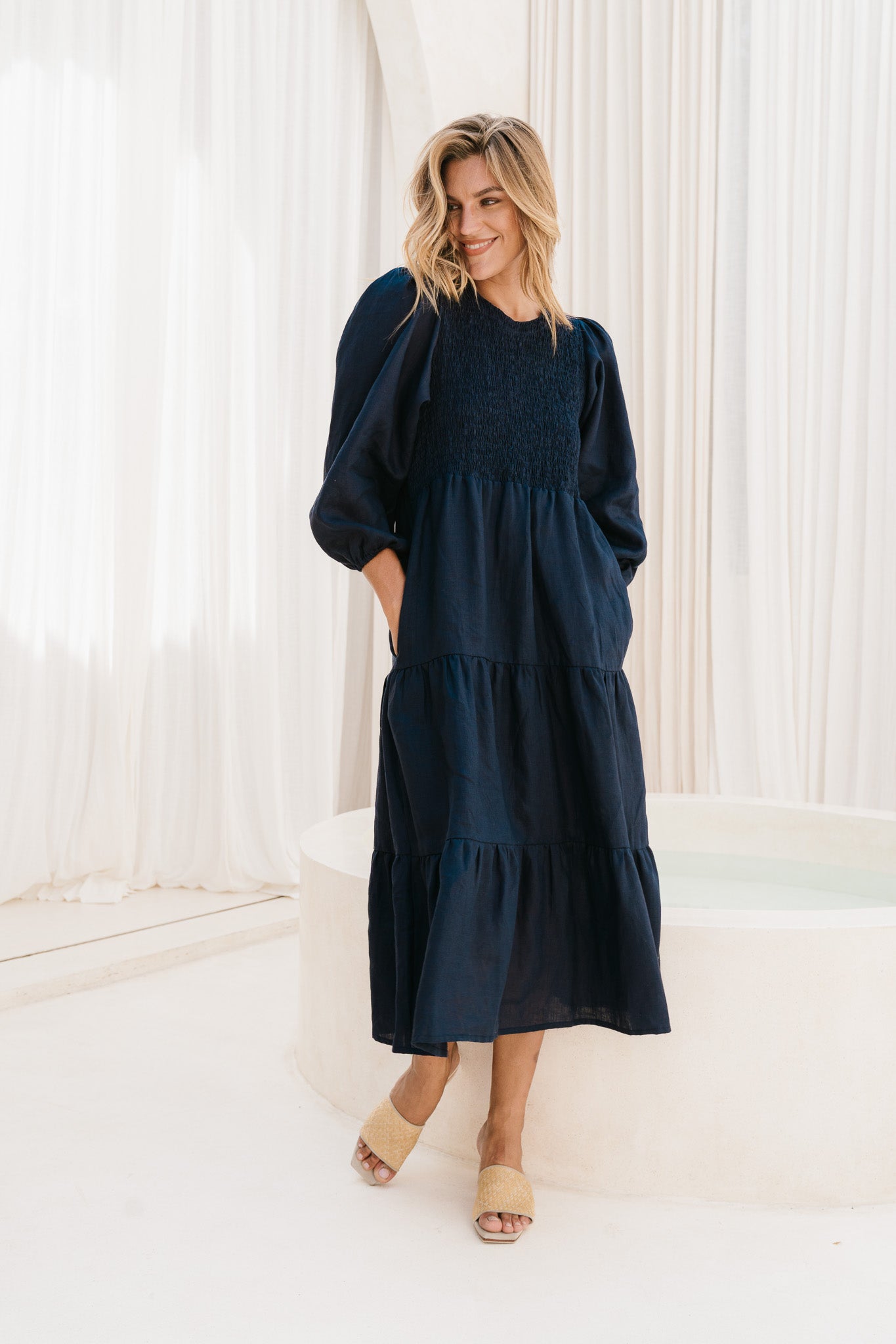 Minden Linen Long Sleeve Shirred Dress in Navy