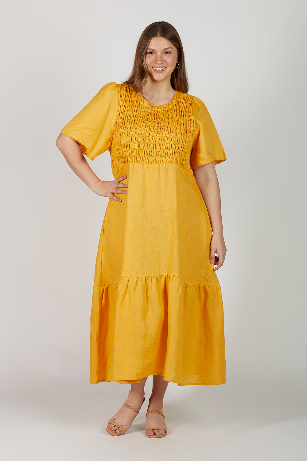 Minden Shirred Linen Dress in Golden Hour