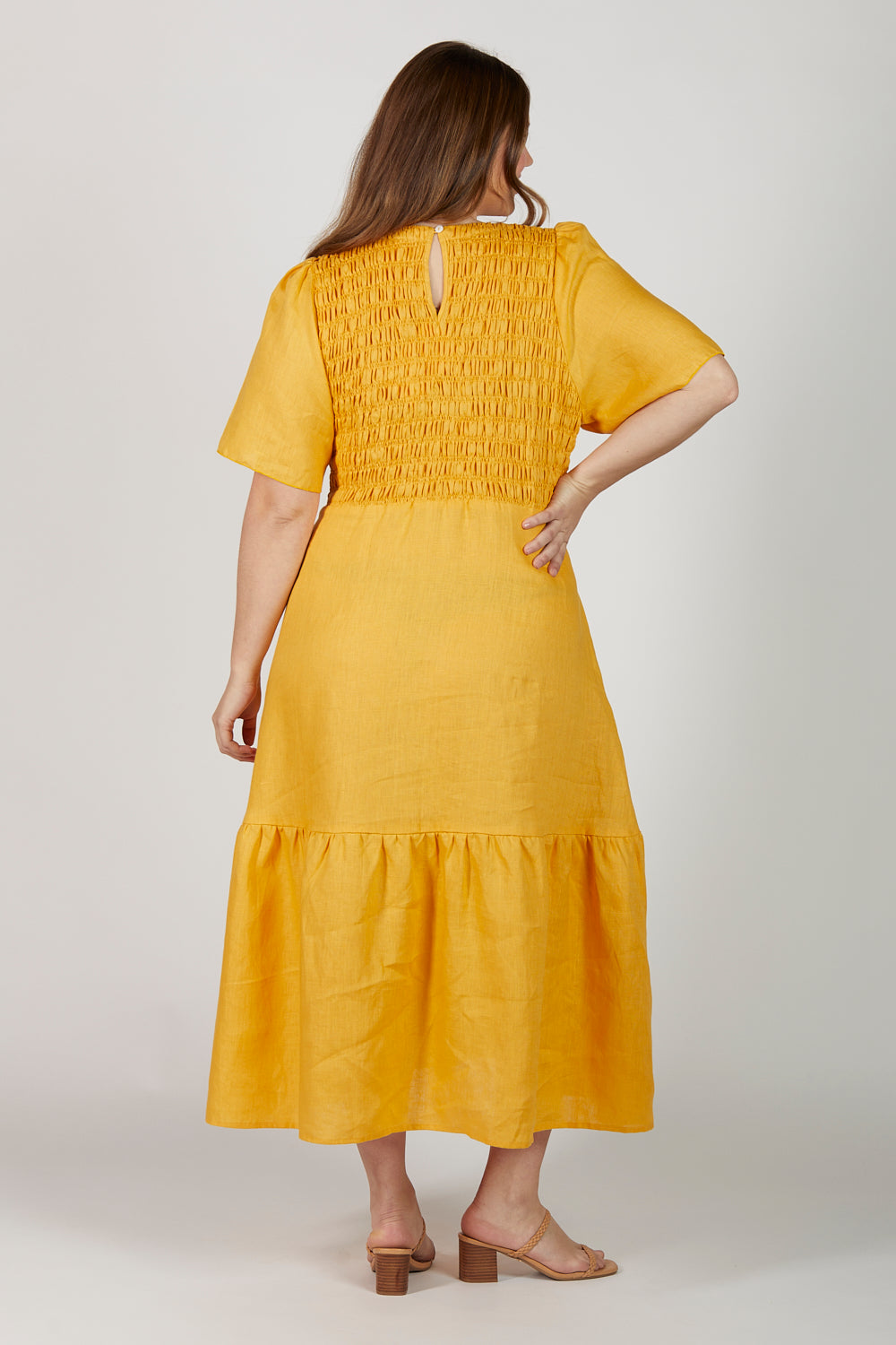 Minden Shirred Linen Dress in Golden Hour