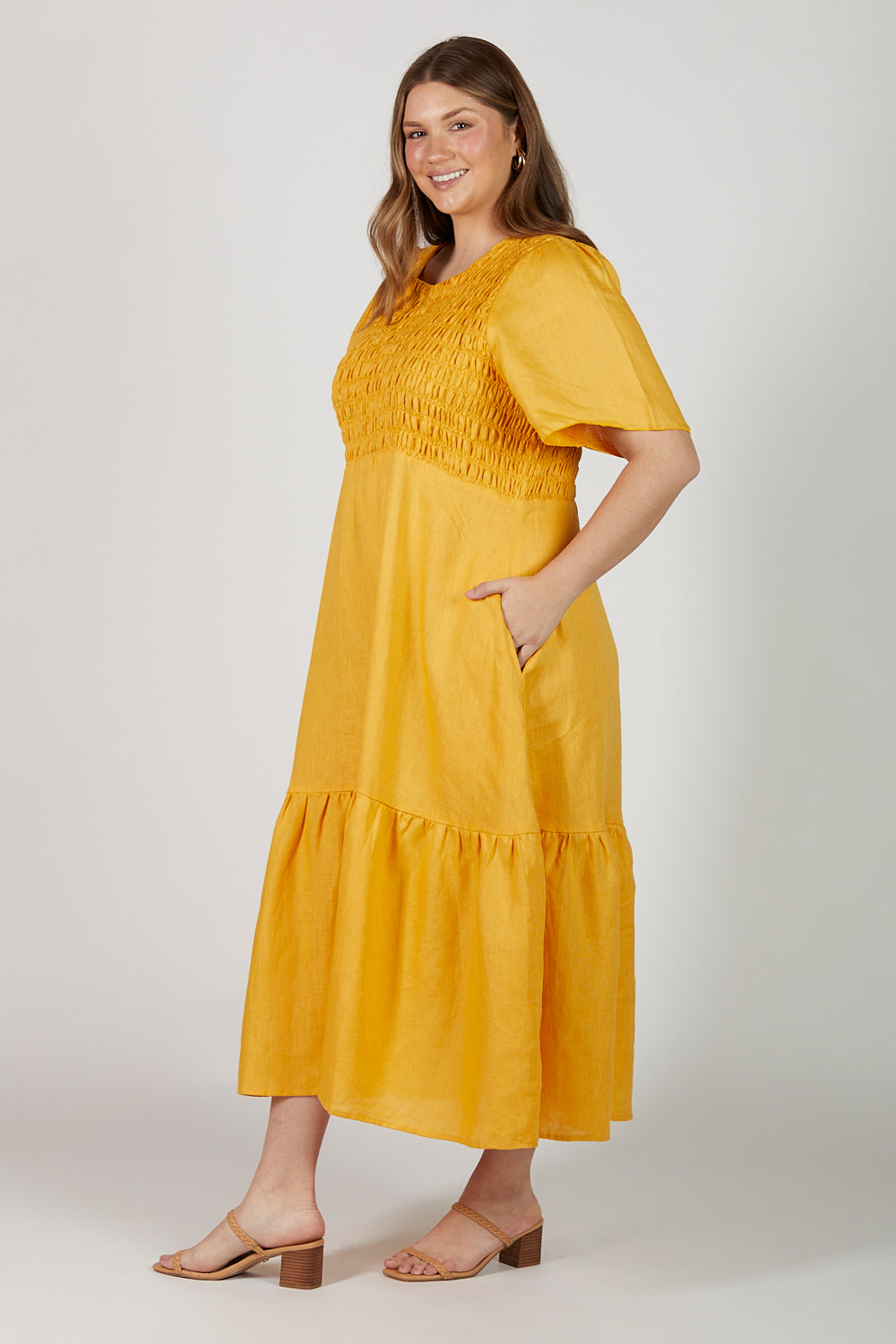 Minden Shirred Linen Dress in Golden Hour