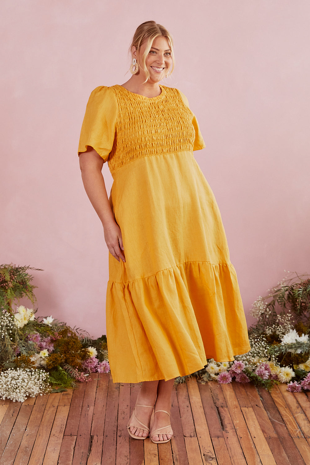 Minden Shirred Linen Dress in Golden Hour