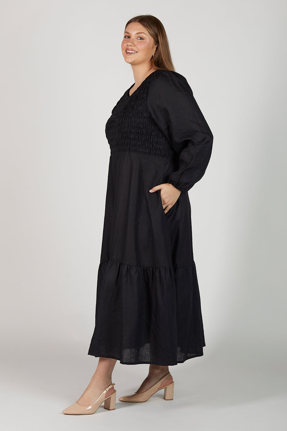 Minden Linen Long Sleeve Shirred Dress in Black