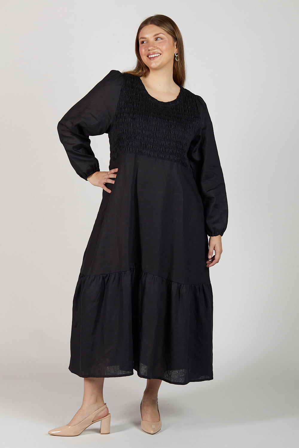 Minden Linen Long Sleeve Shirred Dress in Black