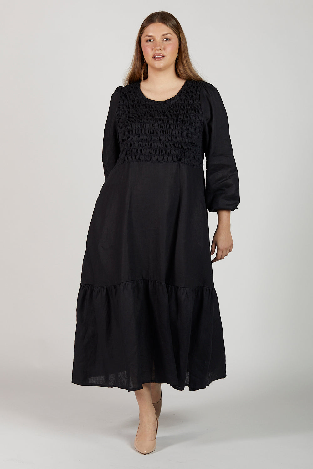 Minden Linen Long Sleeve Shirred Dress in Black