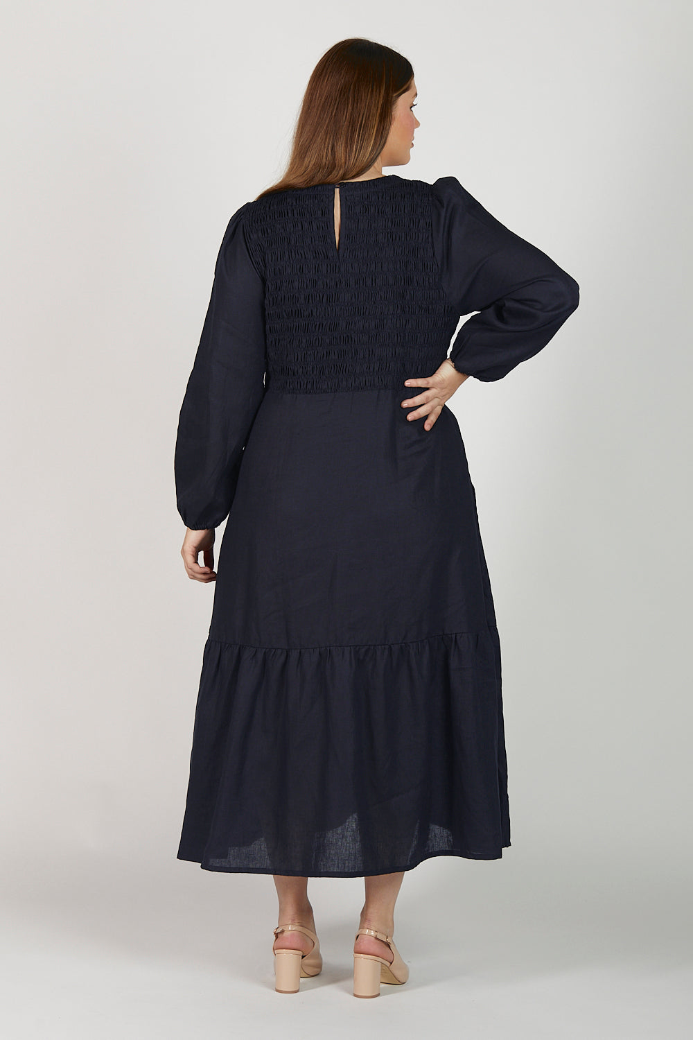 Minden Linen Long Sleeve Shirred Dress in Navy