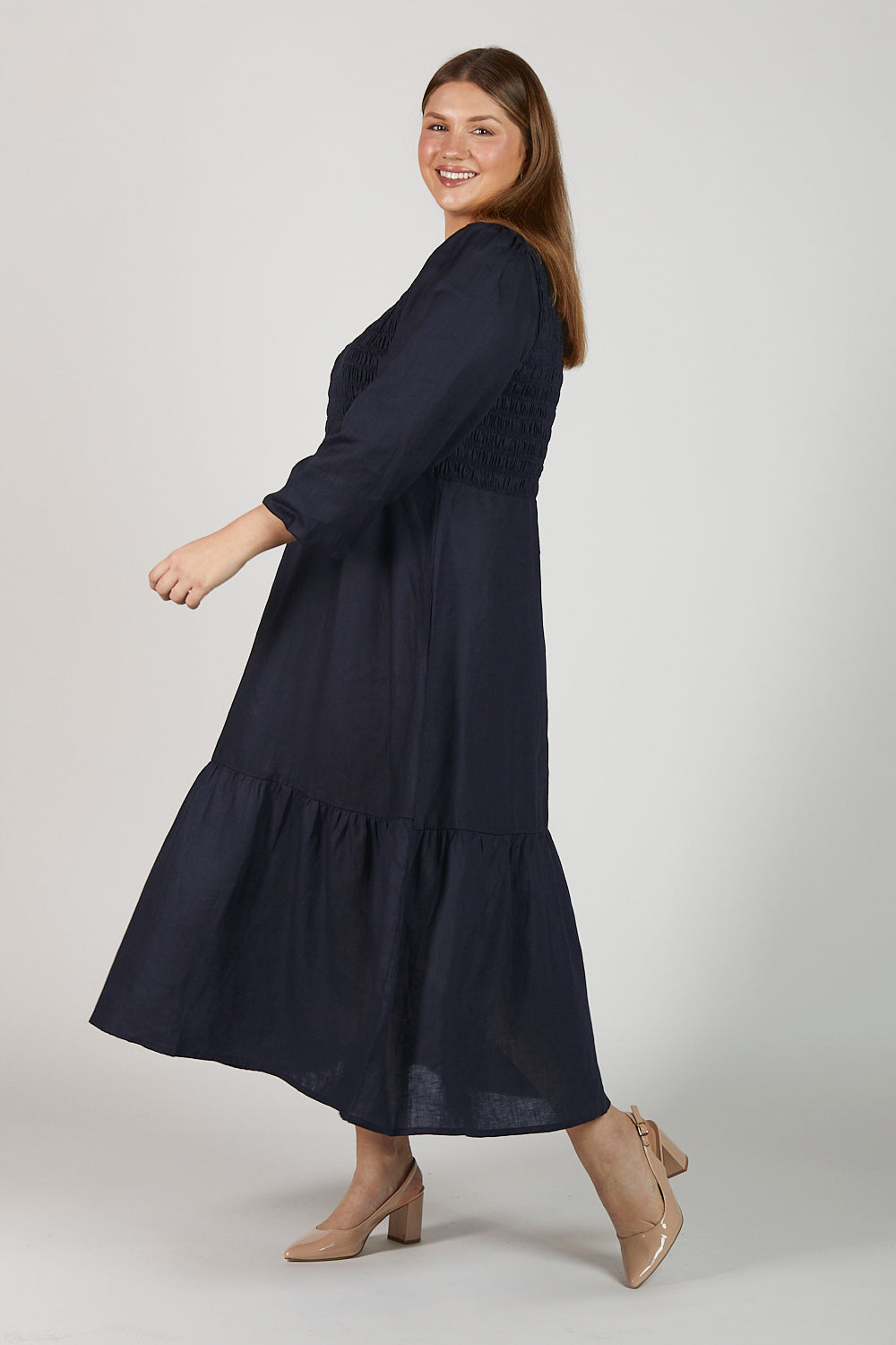 Minden Linen Long Sleeve Shirred Dress in Navy