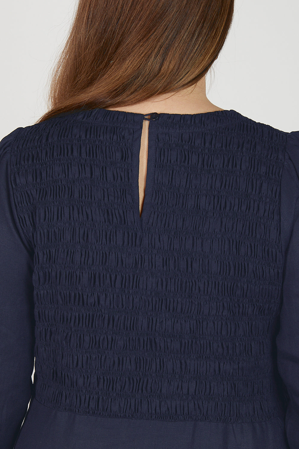 Minden Linen Long Sleeve Shirred Dress in Navy