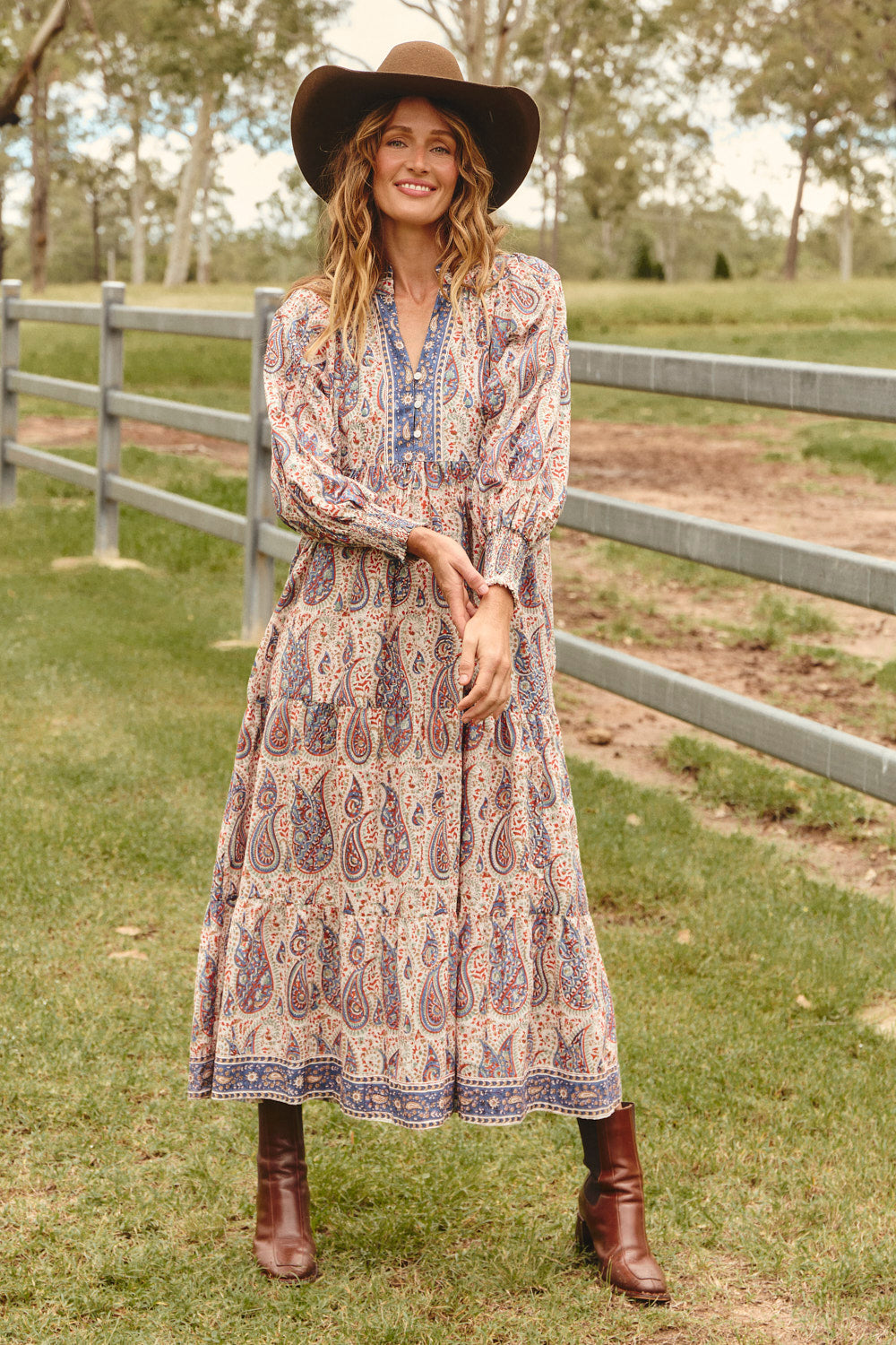 Mirabelle Frill Dress in Kalamkari, Maxi Dress - Adrift Clothing