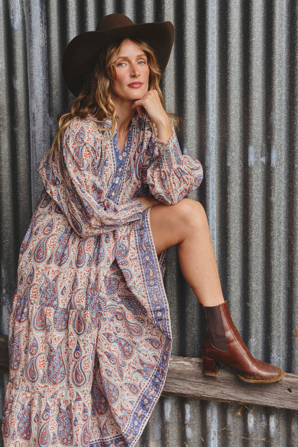 Mirabelle Frill Dress in Kalamkari, Maxi Dress - Adrift Clothing