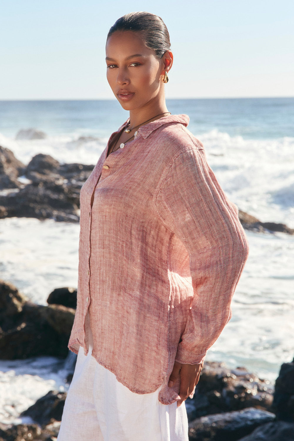 Natalia Linen Oversized Shirt in Red Tide