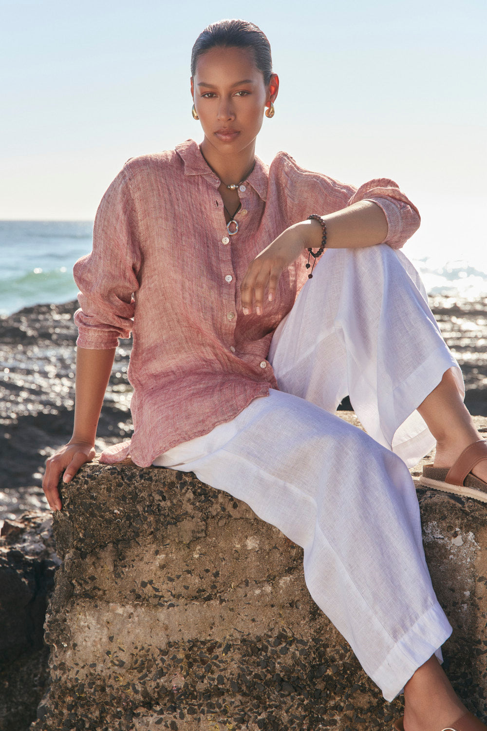 Natalia Linen Oversized Shirt in Red Tide