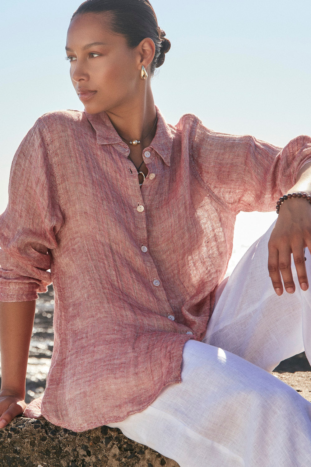 Natalia Linen Oversized Shirt in Red Tide