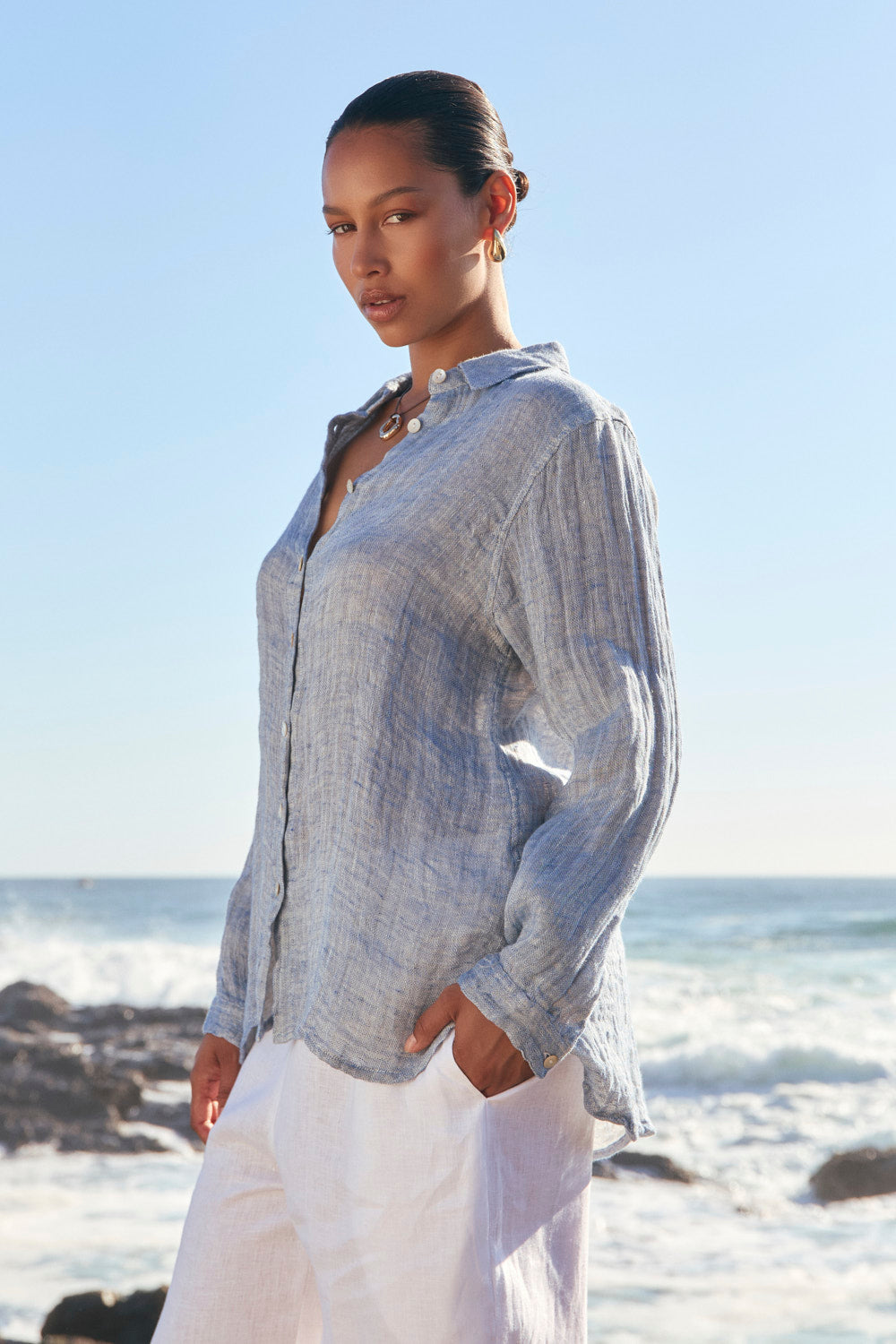Natalia Linen Oversized Shirt in Sky Blue Tide