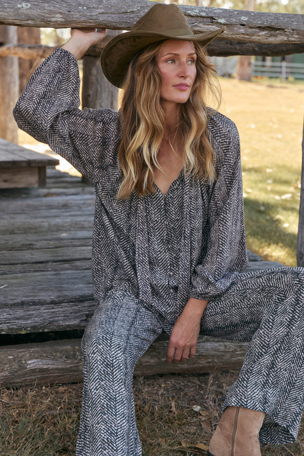 Nova Tie Neck Blouse in Herringbone