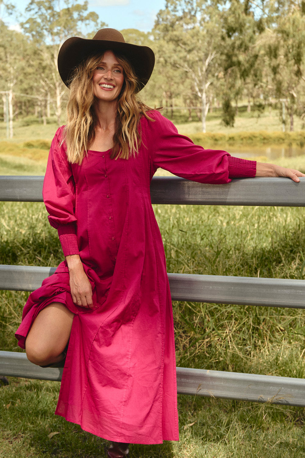 Ophelia Button Through Dress in Magenta, Maxi Dress - Adrift Clothing