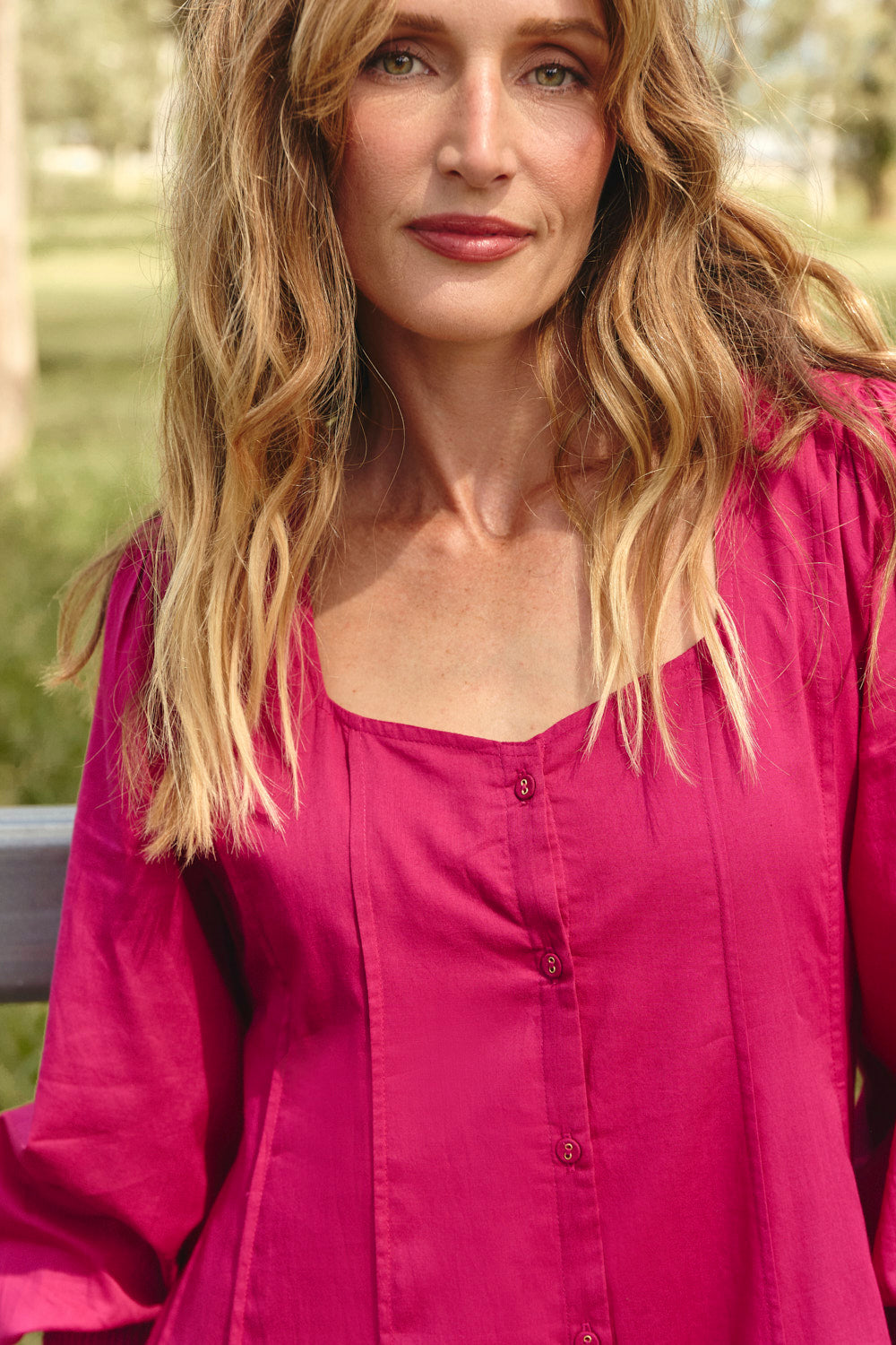 Ophelia Button Through Dress in Magenta, Maxi Dress - Adrift Clothing