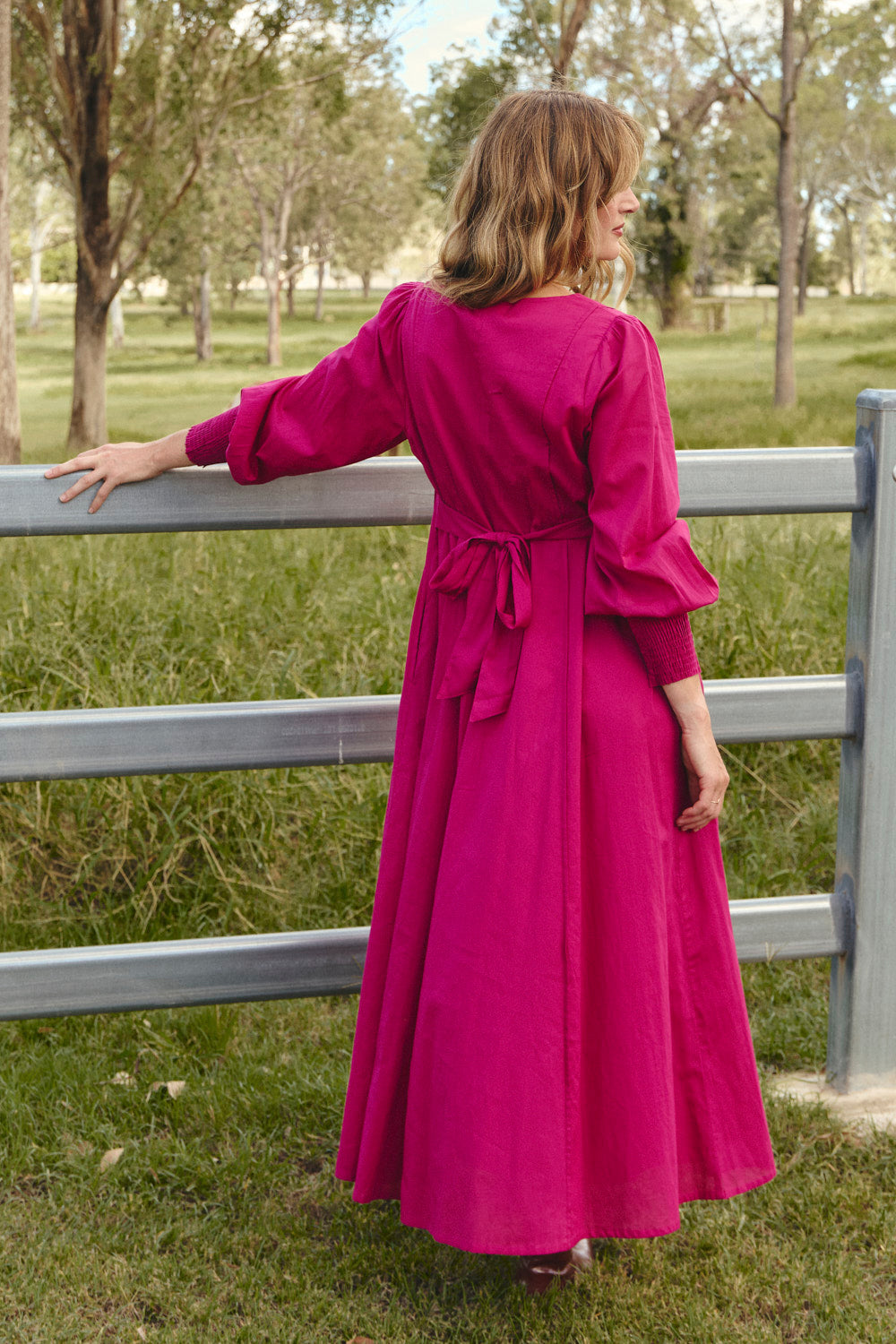 Ophelia Button Through Dress in Magenta, Maxi Dress - Adrift Clothing