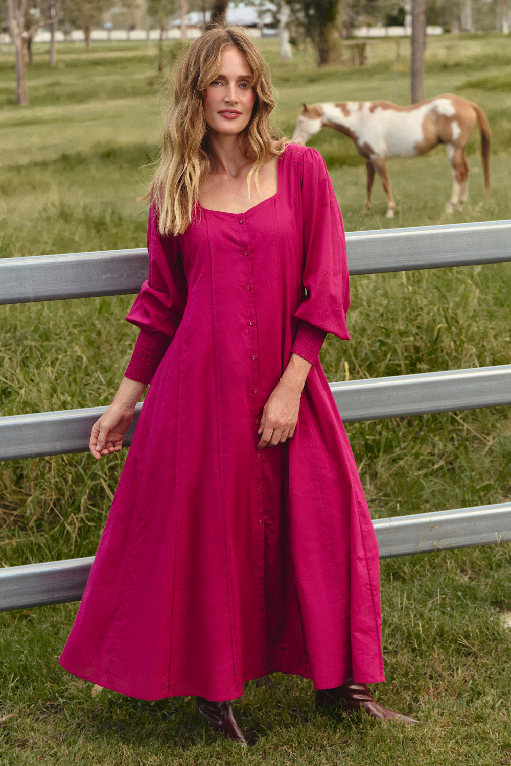 Ophelia Button Through Dress in Magenta, Maxi Dress - Adrift Clothing