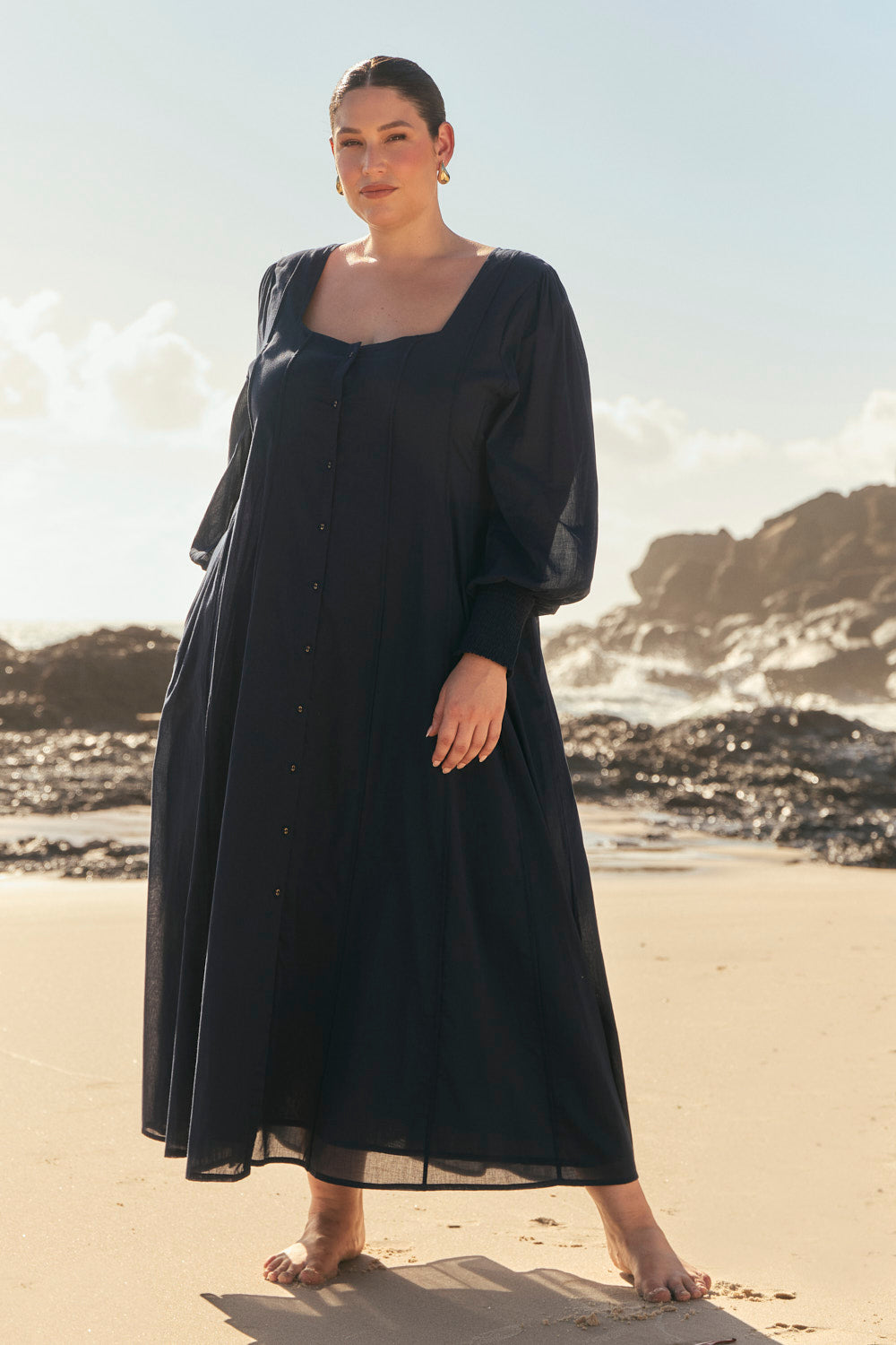 Ophelia Button Through Dress in Navy, Maxi Dress - Adrift Clothing