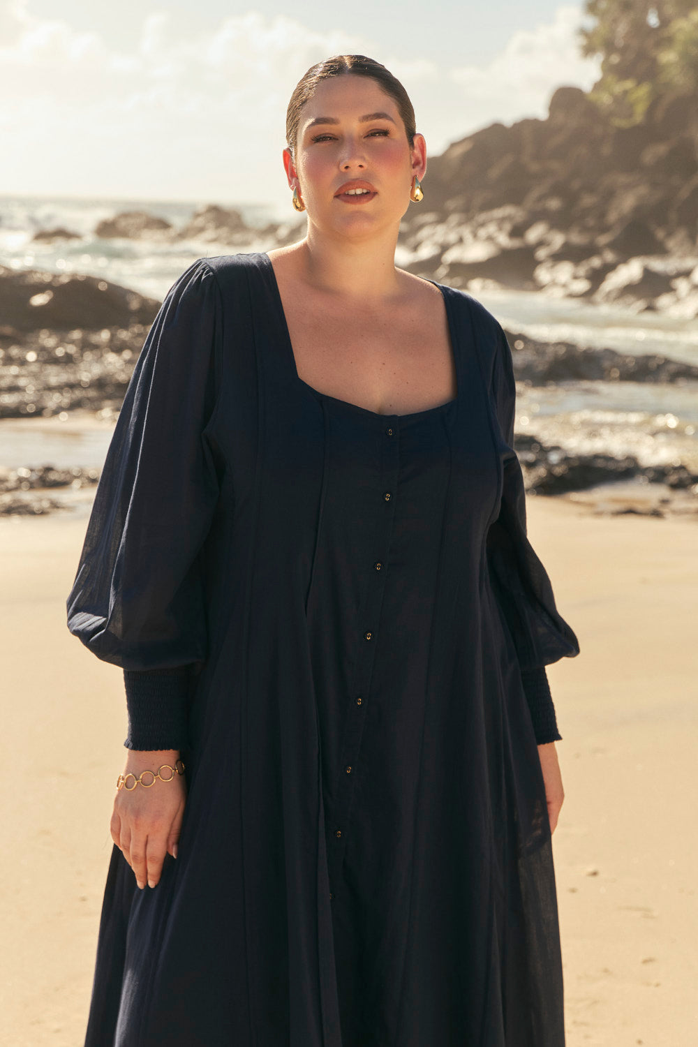 Ophelia Button Through Dress in Navy, Maxi Dress - Adrift Clothing