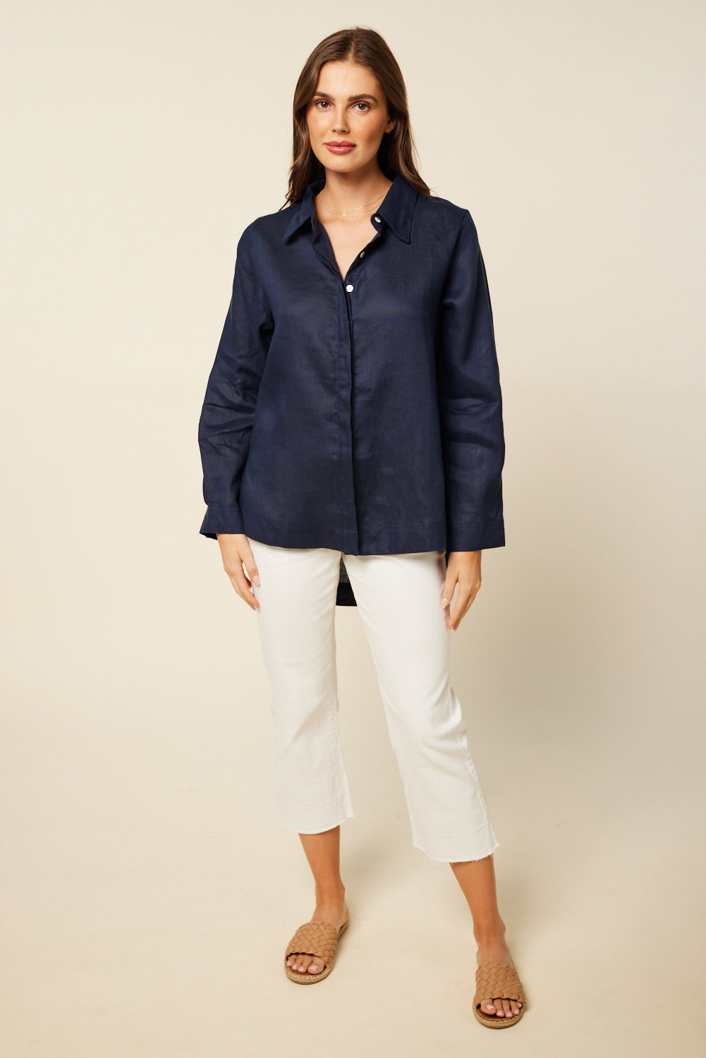 Oversized Linen Boyfriend Shirt in Navy