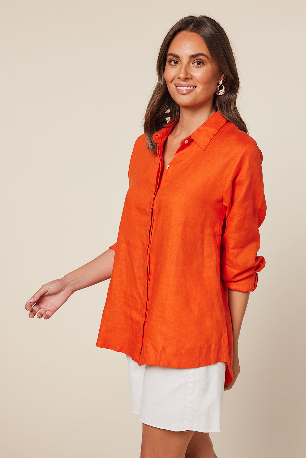 Oversized Linen Boyfriend Shirt in Tangerine