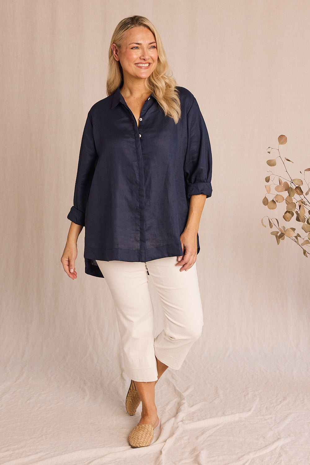 Oversized Linen Boyfriend Shirt in Navy