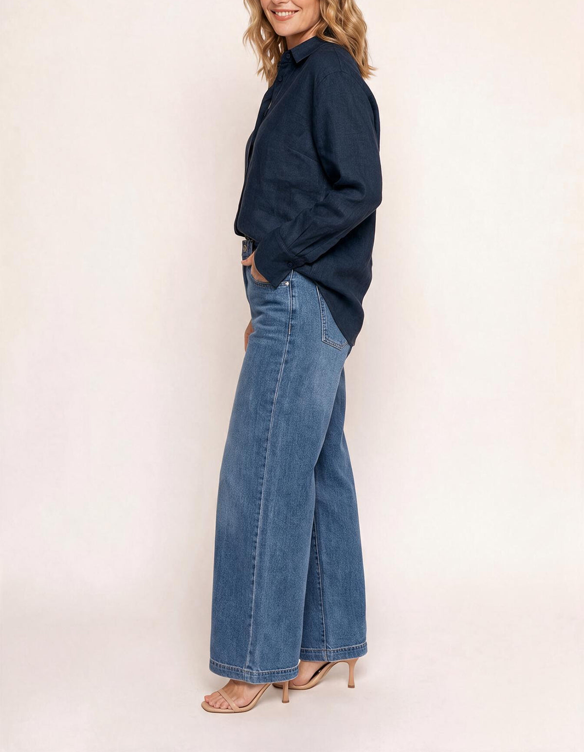 Oversized Linen Boyfriend Shirt in Navy