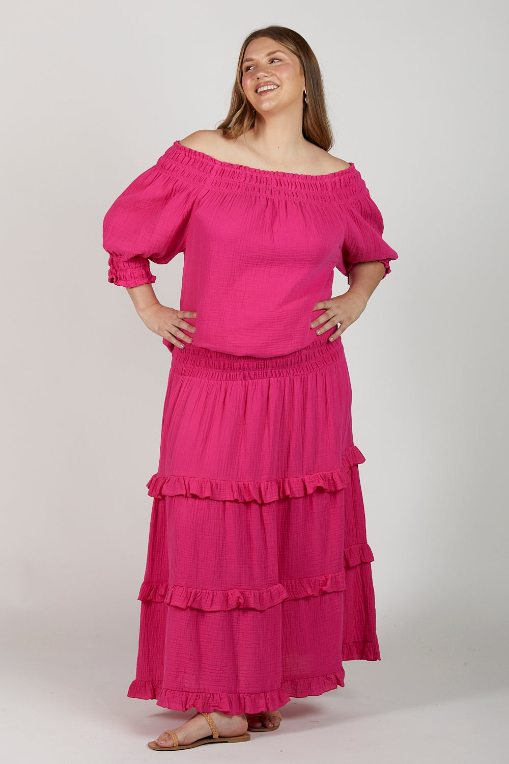 Poppy Crinkle Cotton Off The Shoulder Top in Pink Glo