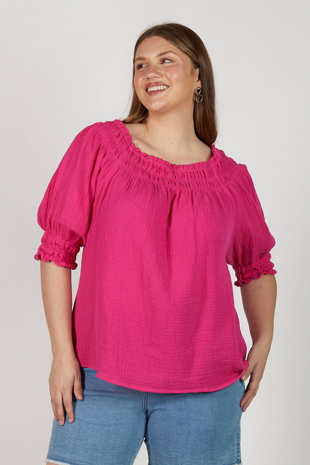 Poppy Crinkle Cotton Off The Shoulder Top in Pink Glo