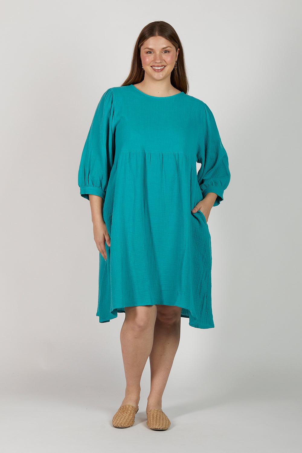 Quinn Crinkle Cotton A-Line Dress in Peacock Parade