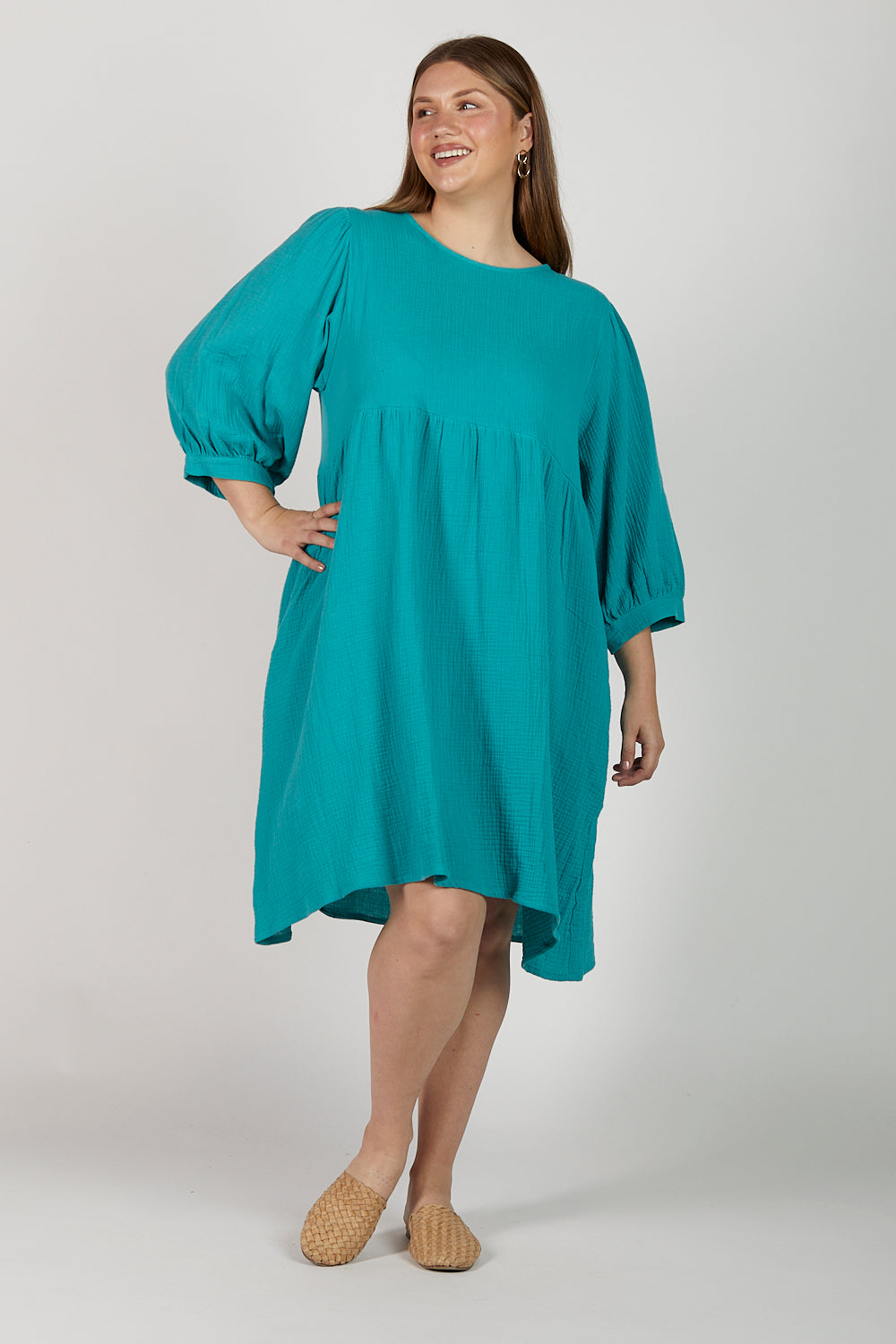 Quinn Crinkle Cotton A-Line Dress in Peacock Parade