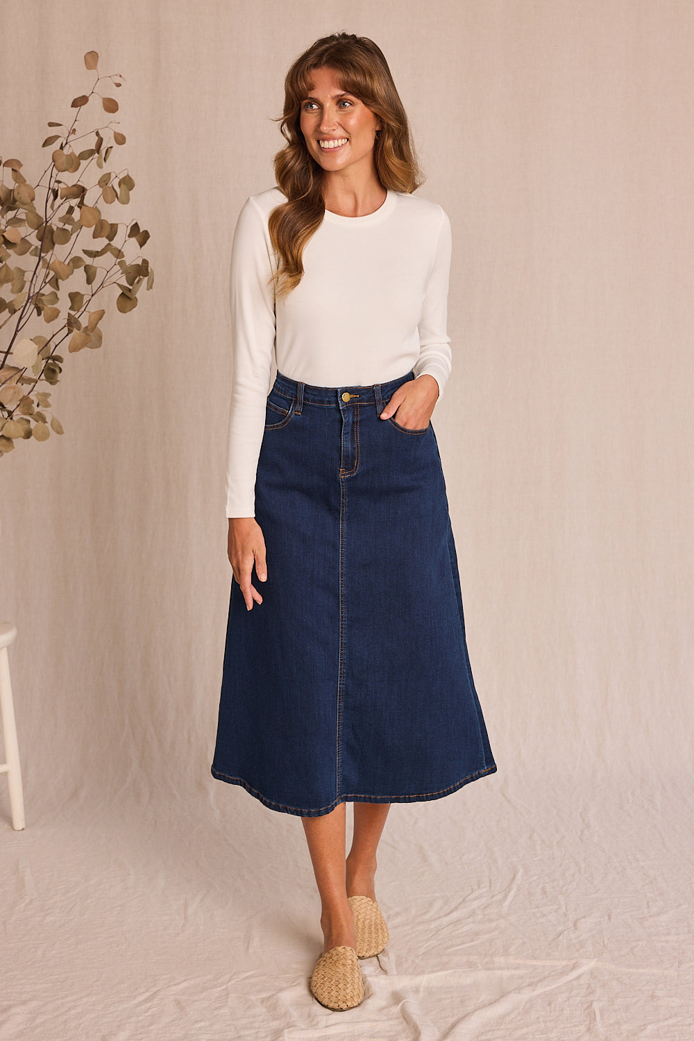 Adrift Denim A-Line Skirt in Mid Wash