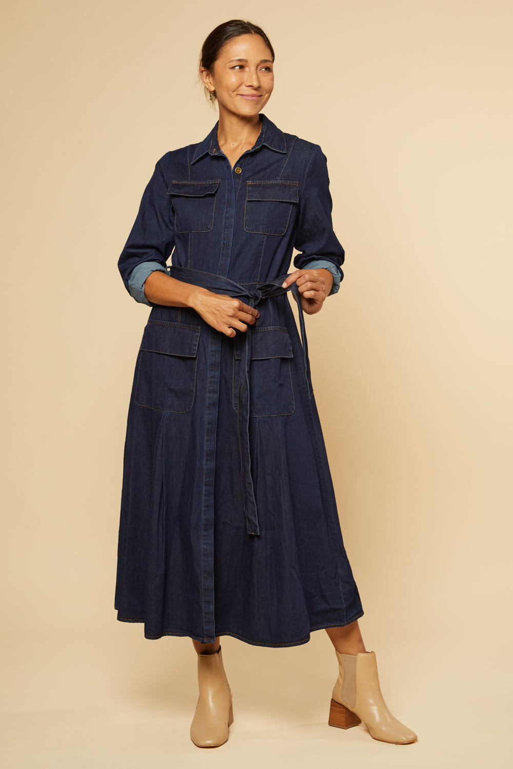 River Chambray Pocket Dress in Dark Wash