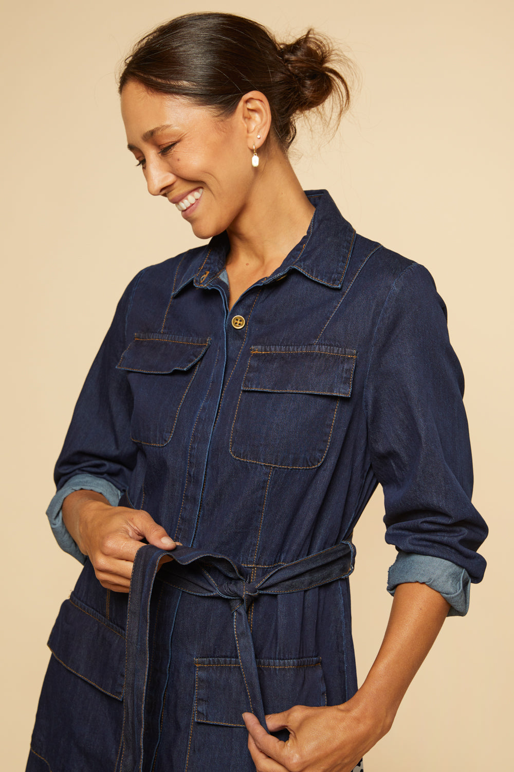 River Chambray Pocket Dress in Dark Wash