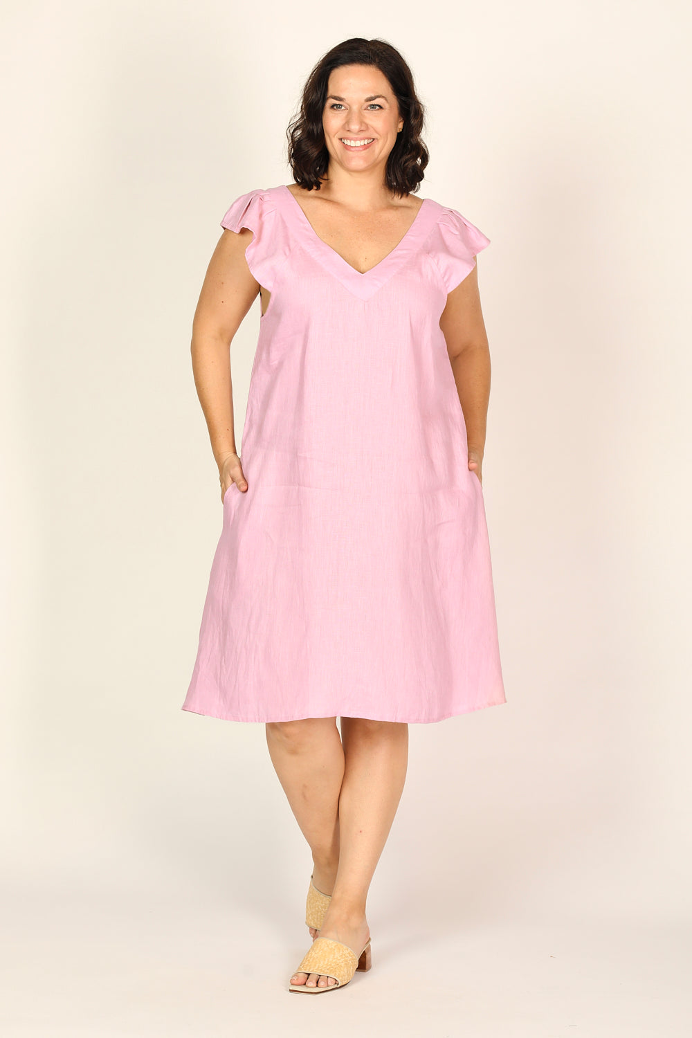 Rivka Frill Sleeve Linen Short Dress in Peony