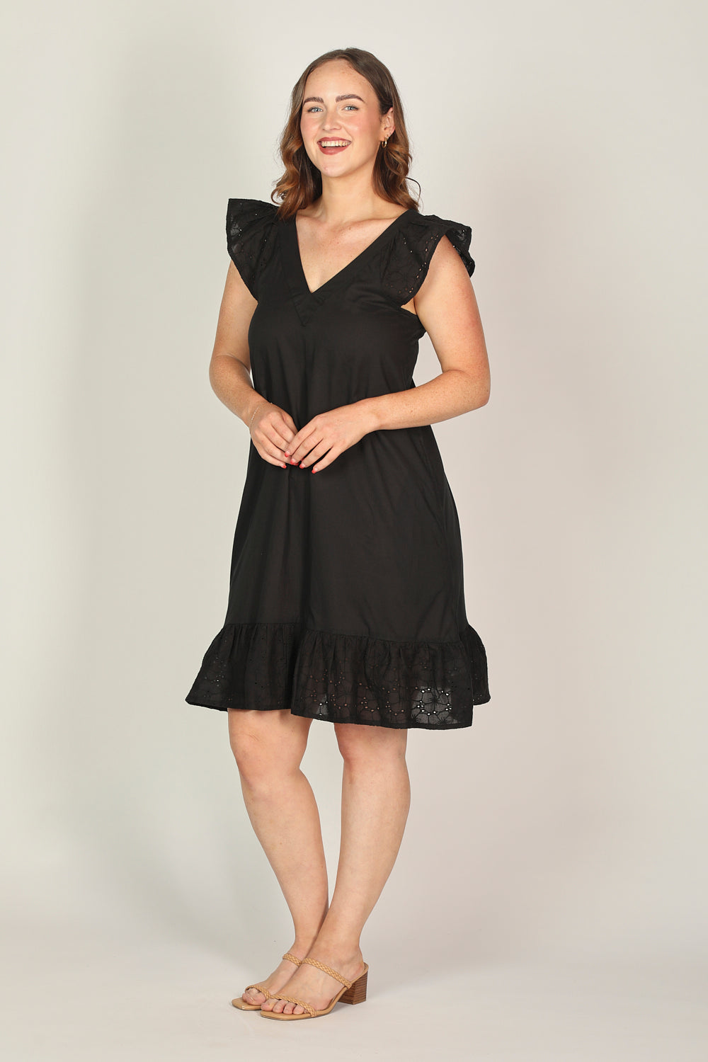 Rivka Short Broderie Anglaise Dress in Black