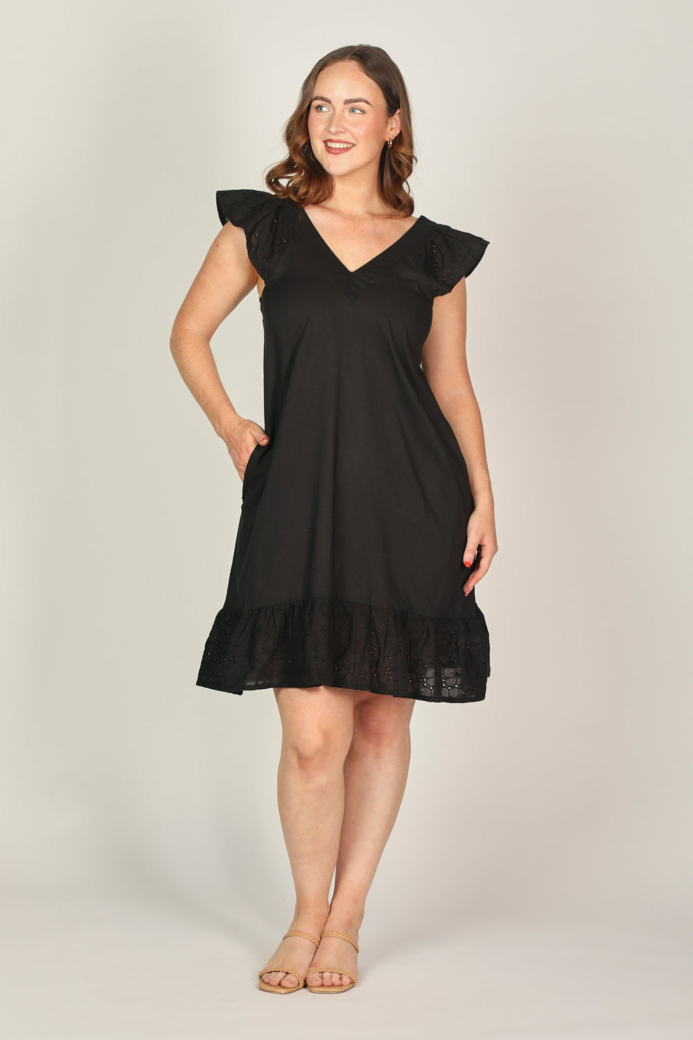 Rivka Short Broderie Anglaise Dress in Black