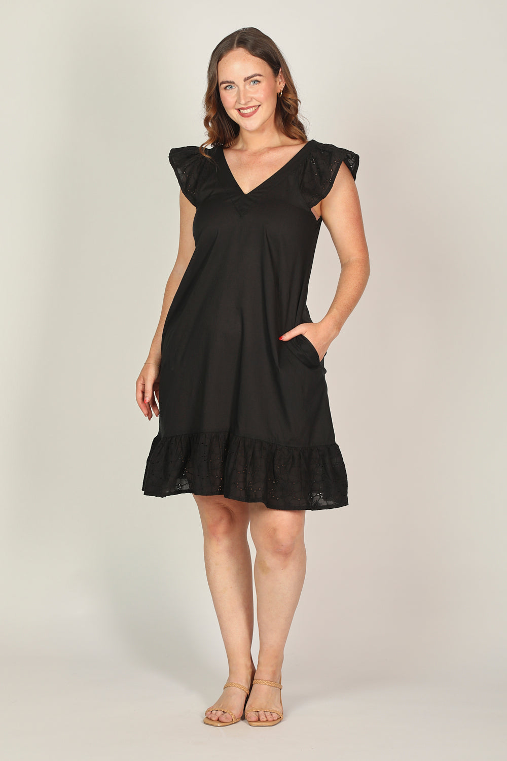 Rivka Short Broderie Anglaise Dress in Black