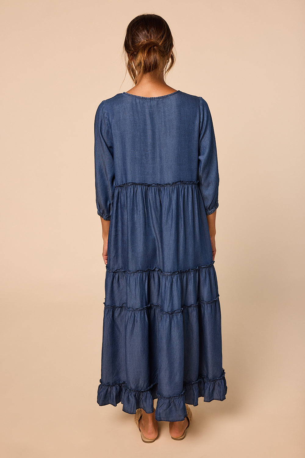 Sabre Frill 3/4 Sleeve Maxi Tencel Dress in Mid Wash