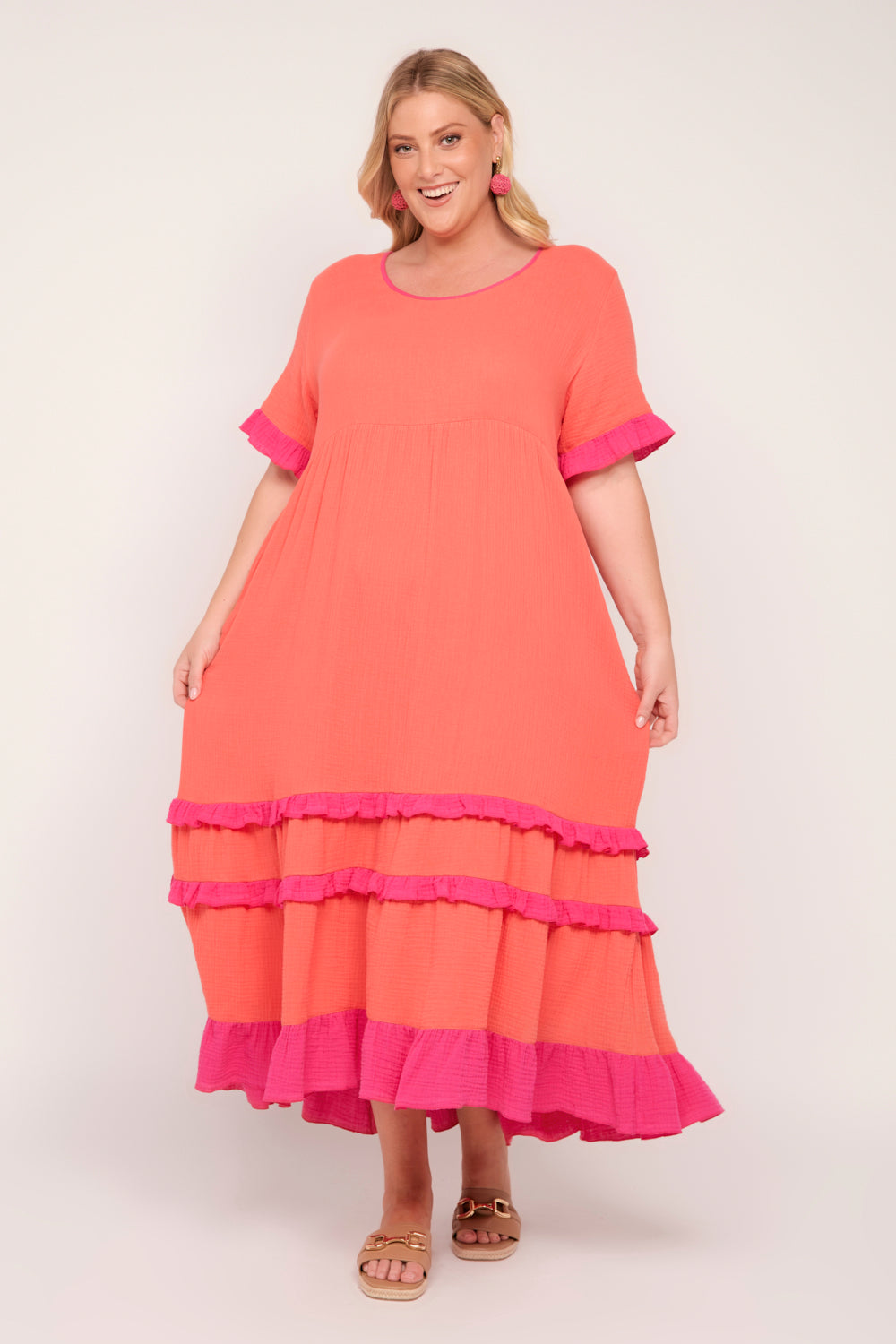 Sabre Crinkle Cotton Frill Dress in Sunset