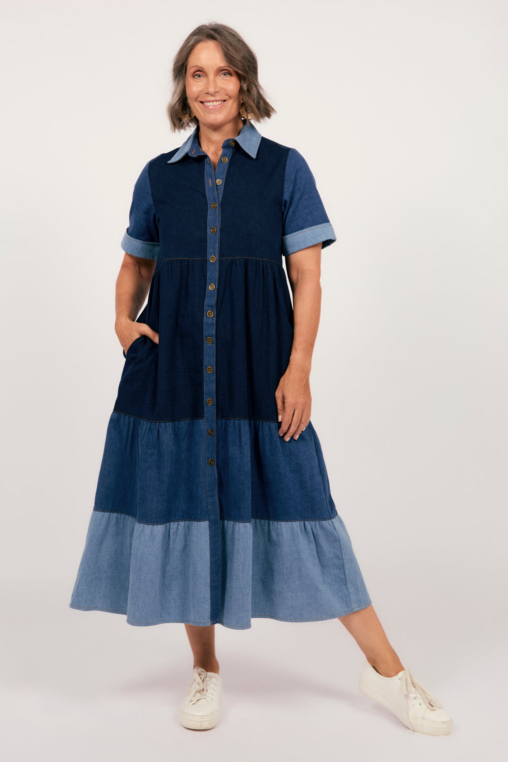 Sabre Denim Collared Dress in Patchwork