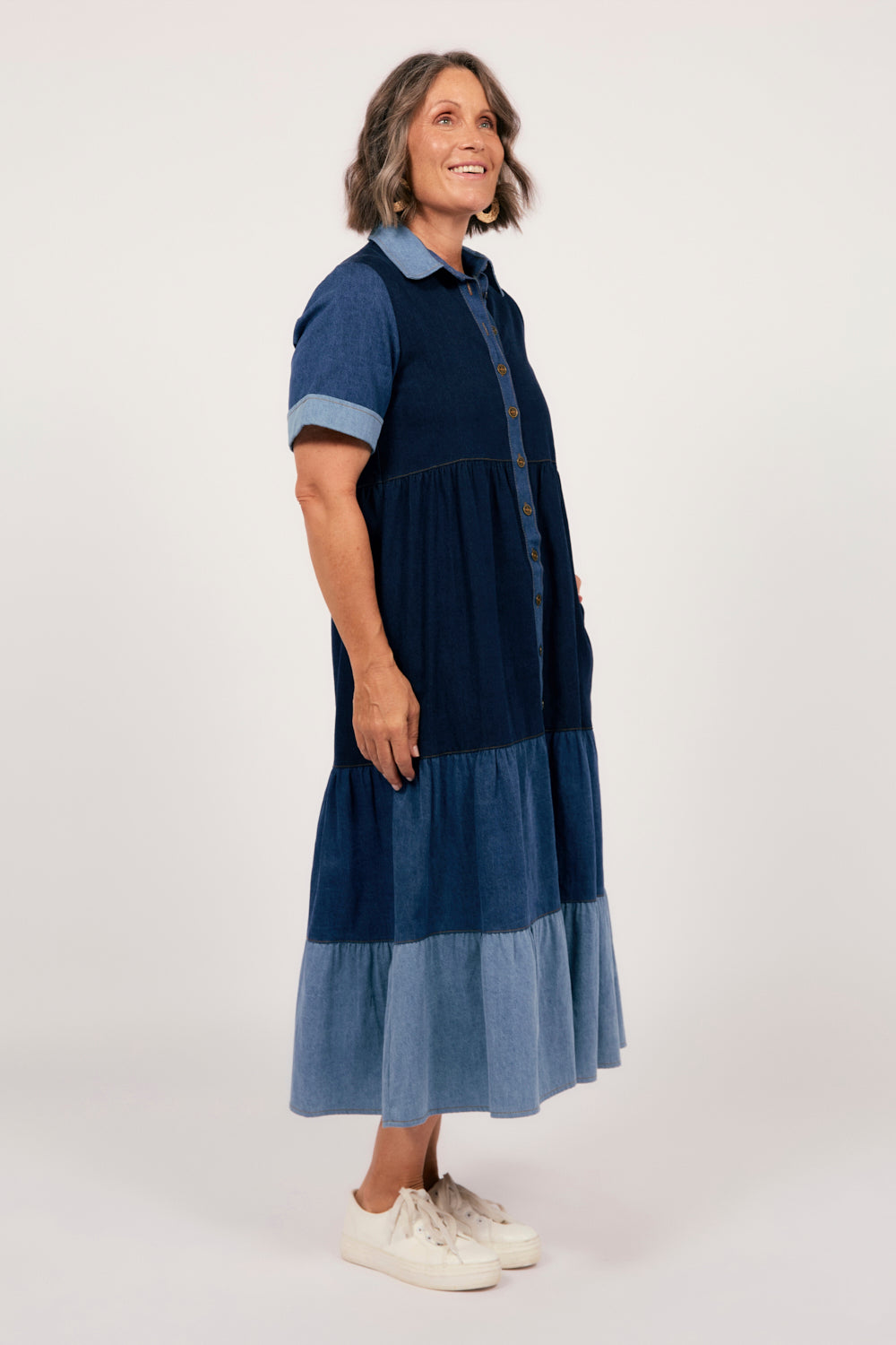 Sabre Denim Collared Dress in Patchwork