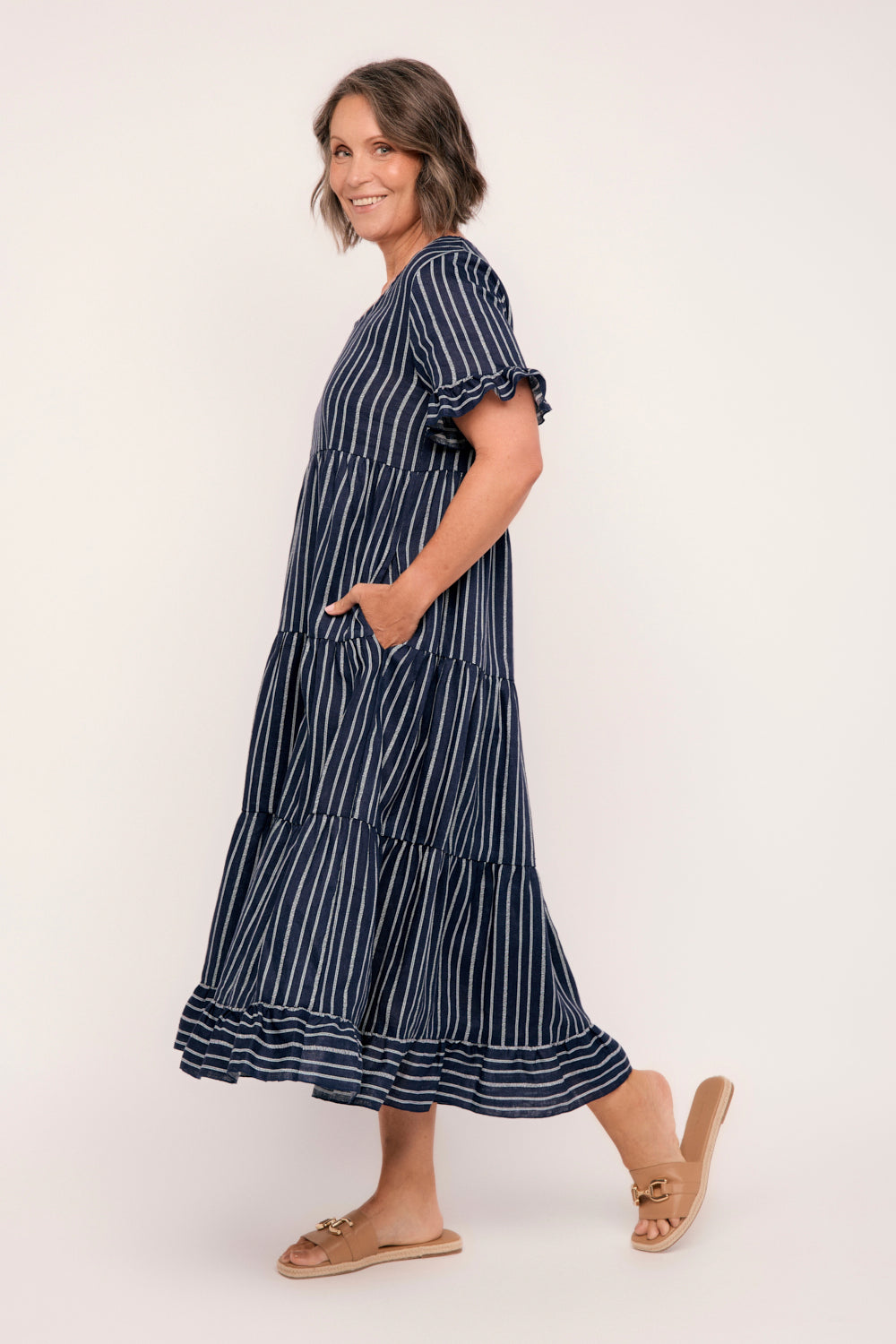 Sabre Linen Frill Dress in Boathouse