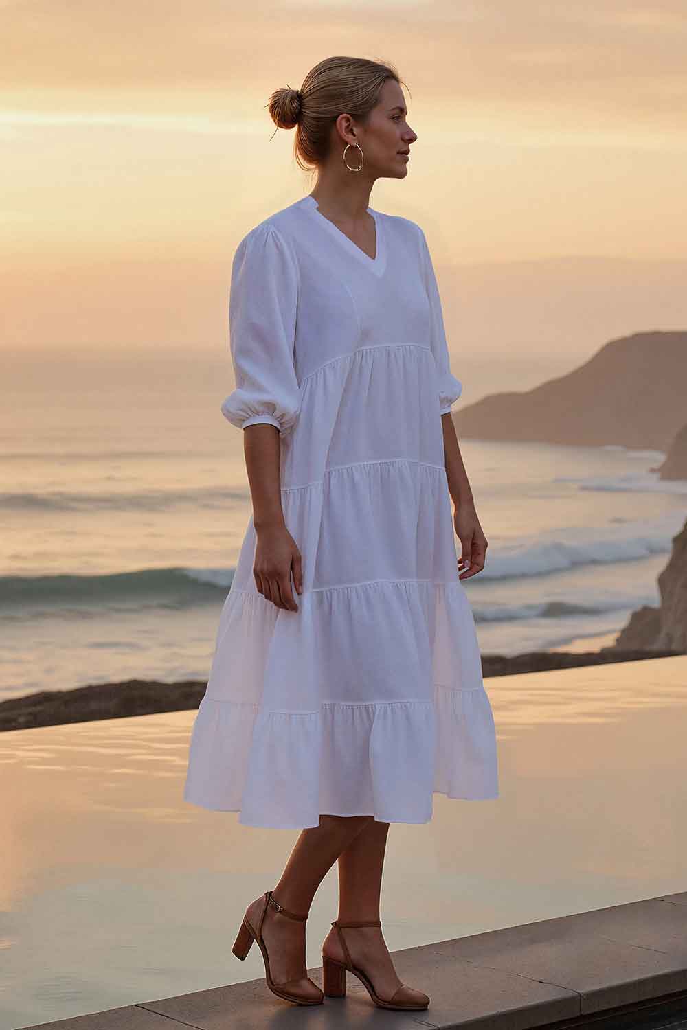 Sabre Linen V-Neck Dress in White