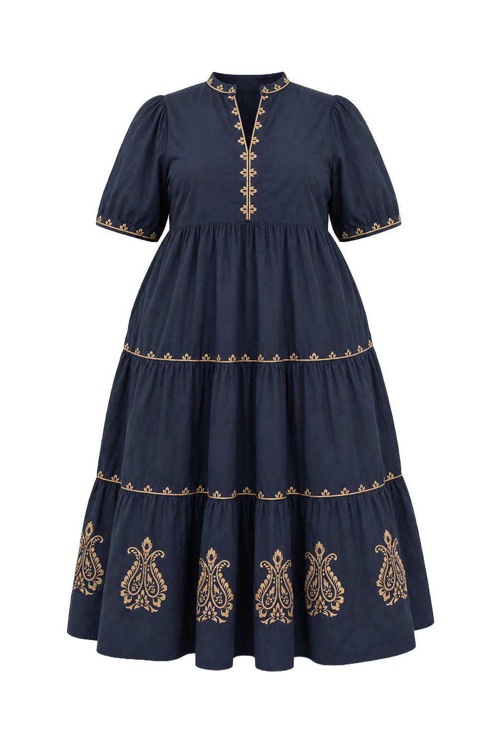 Sabre Embroidered V-Neck Dress in Navy