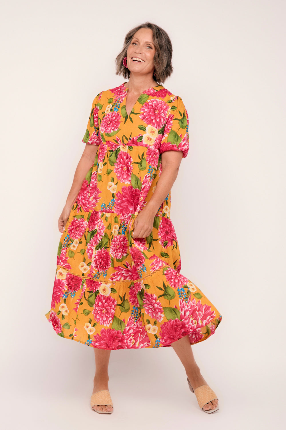 Sabre V-Neck Dress in Dreaming Dahlias