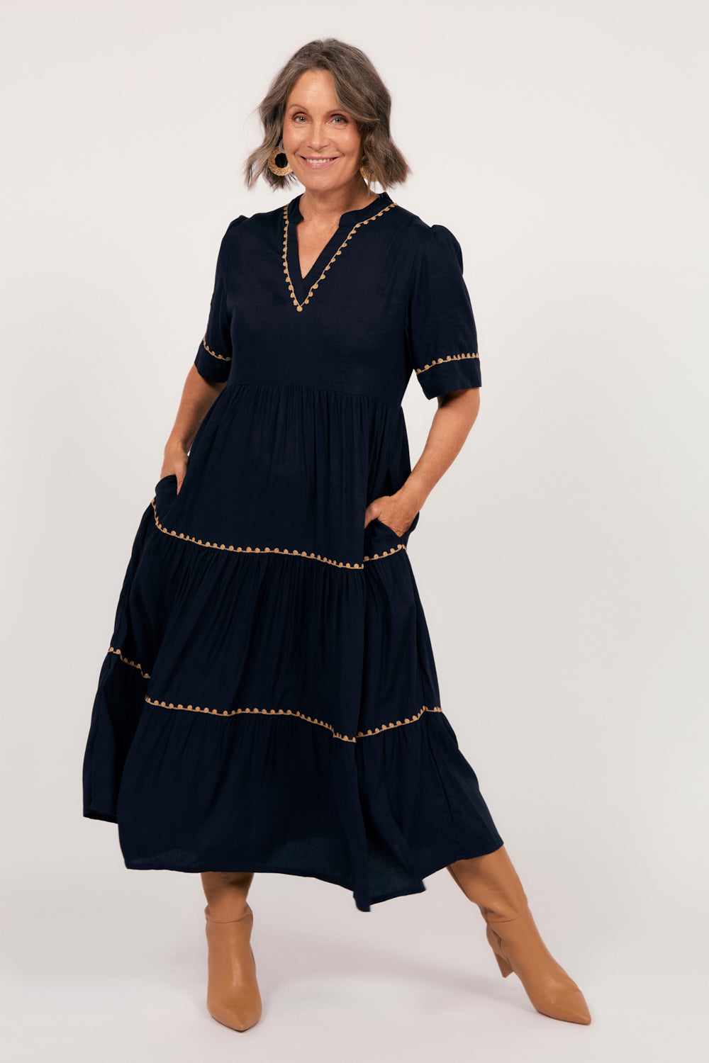 Sabre V-Neck Dress in Navy